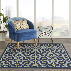 image:imageNourison Home Caribbean Navy 53 x Square Area Rug Retro Floral Bed Room Living Room Dining Room Kitchen Easy Clean Non Shedding 5 SquareNavy